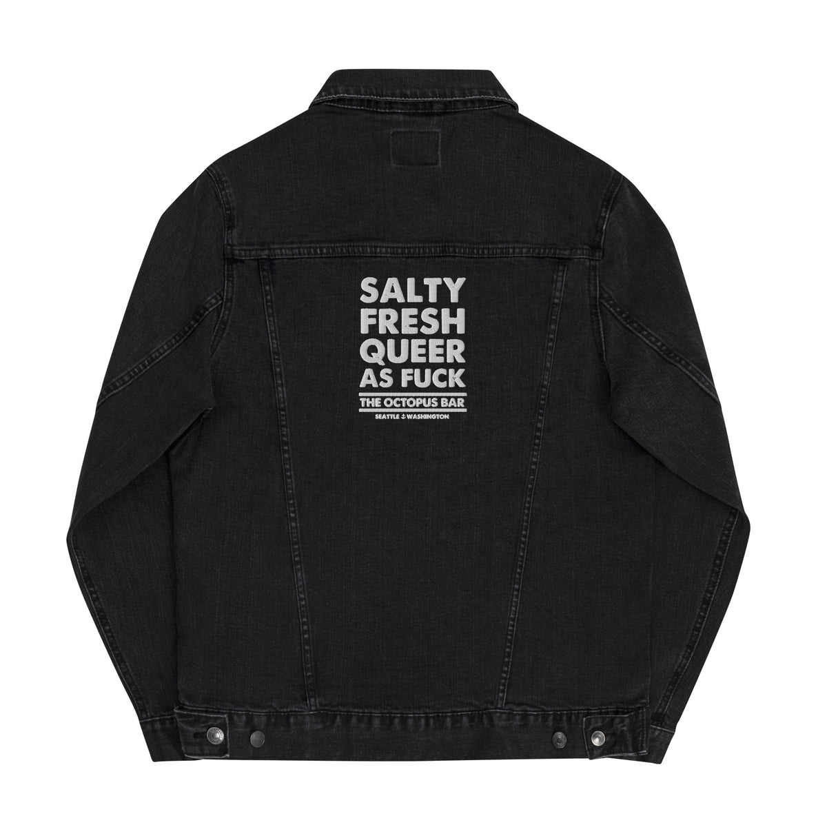 salty fresh queer as fuck embroidered denim jacket