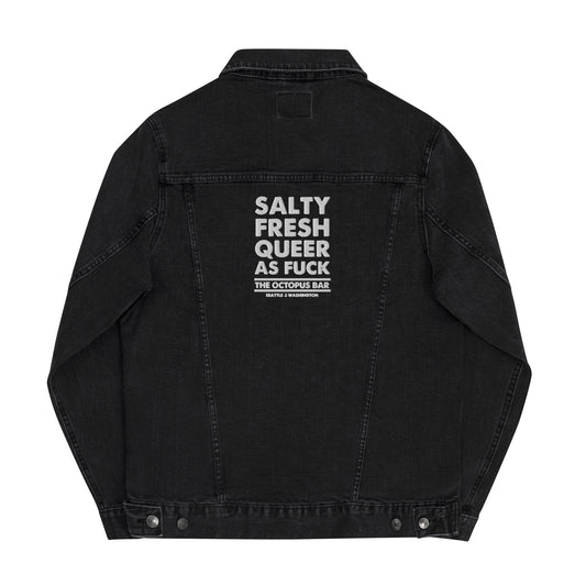 salty fresh queer as fuck embroidered denim jacket