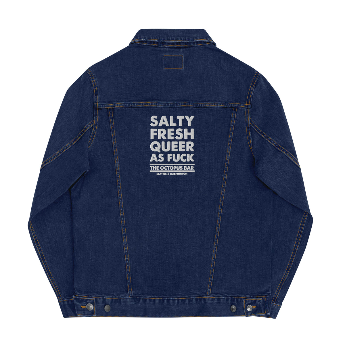 salty fresh queer as fuck embroidered denim jacket