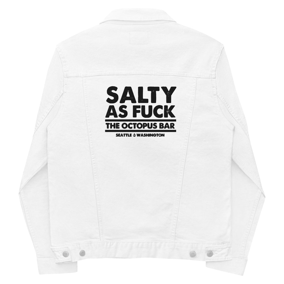salty as fuck embroidered white denim jacket