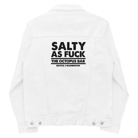 salty as fuck embroidered white denim jacket
