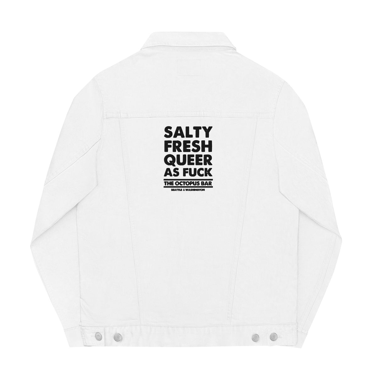 salty fresh queer as fuck embroidered white denim jacket